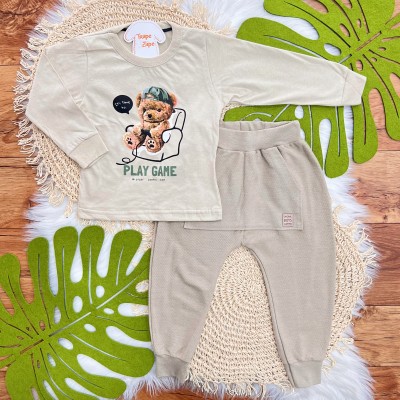 Conj. Blusa Manga Longa Ursinho Play Game e Calça Saruel de Moletinho - Areia